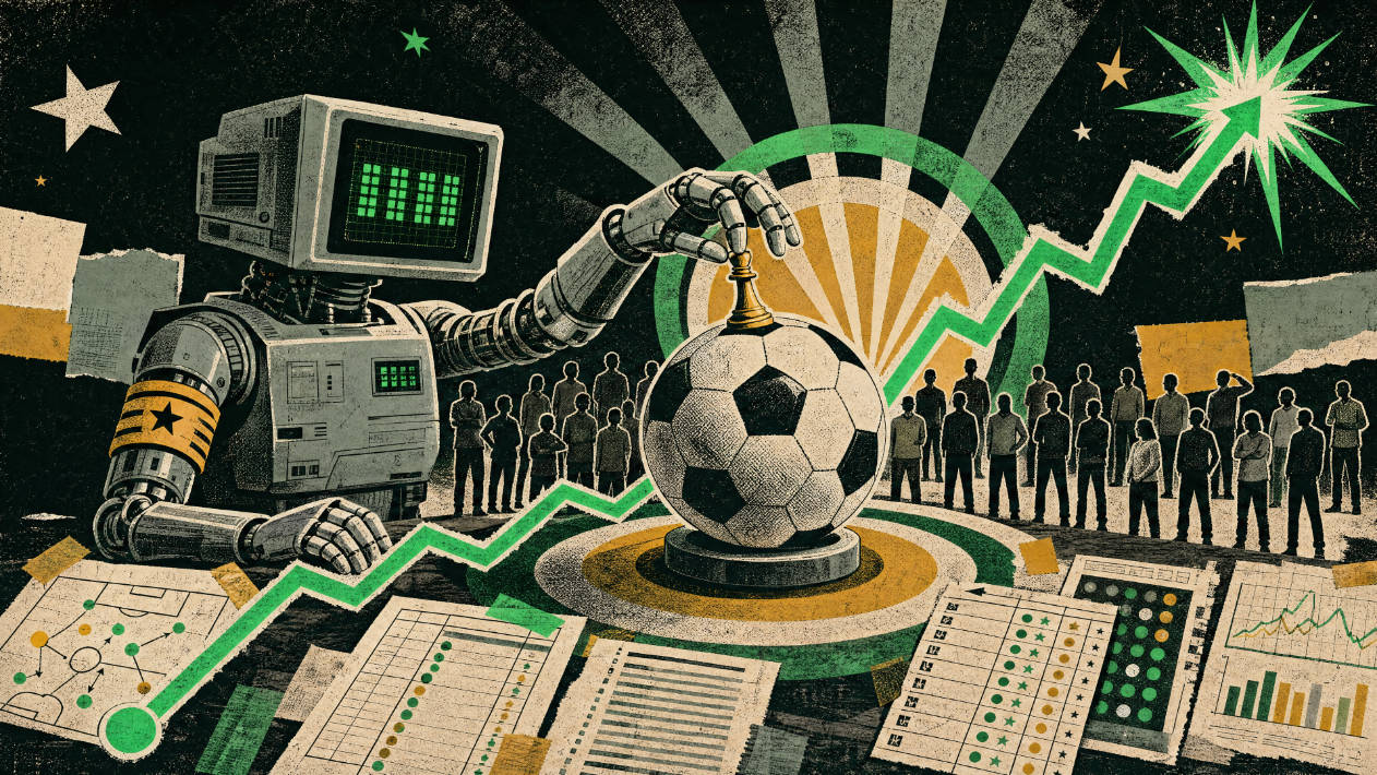 Collage illustration: a robot places a chess piece on a soccer ball while 33 humans look on
